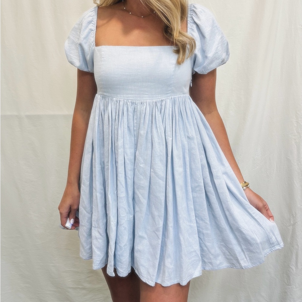 Blue Pleated Puff Sleeve Mini Dress
